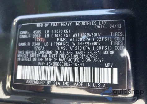 2013 Subaru Outback 2.5I Premium from USA, damaged, VIN 4S4BRBGC8D3310391